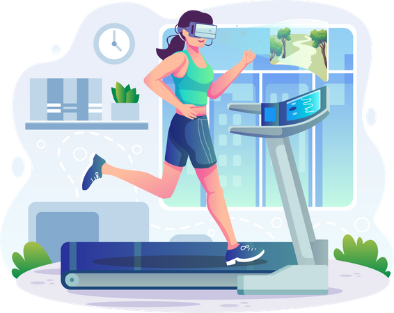Woman running on treadmill using VR  Illustration