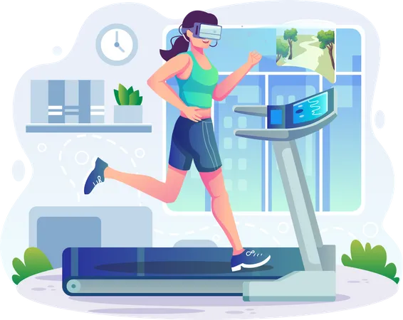 Woman running on treadmill using VR Illustration
