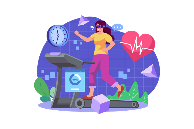 Woman Running On Treadmill Using VR Illustration