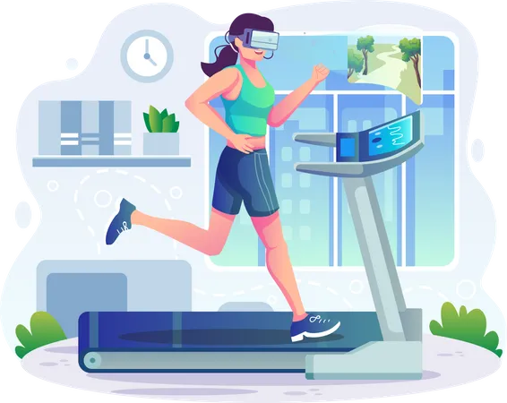 Woman running on treadmill using VR  Illustration