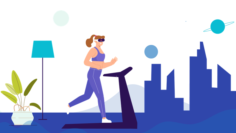 Woman running on treadmill while wearing VR goggles  Illustration