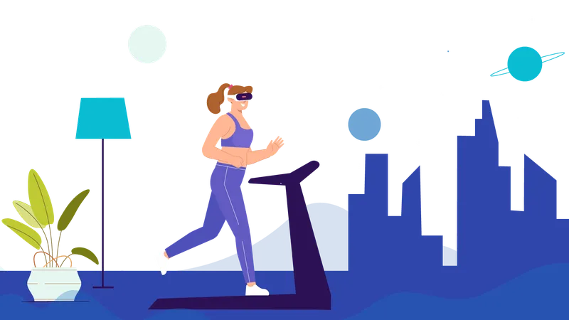 Woman running on treadmill while wearing VR goggles  Illustration