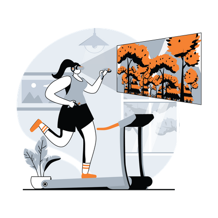 Woman running on treadmill while wearing VR headset Illustration