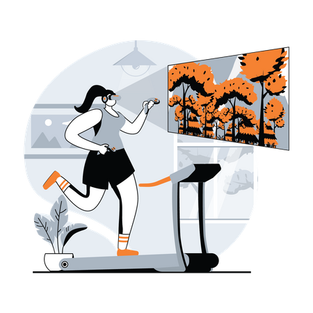 Woman running on treadmill while wearing VR headset  Illustration