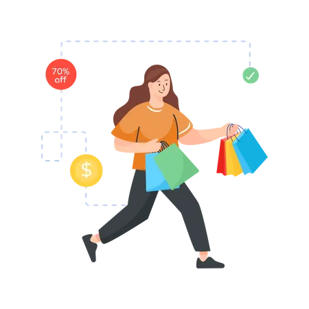 Woman running to purchase product on discount  Illustration
