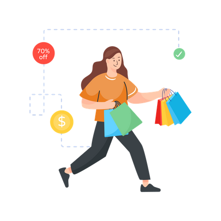 Woman running to purchase product on discount  Illustration