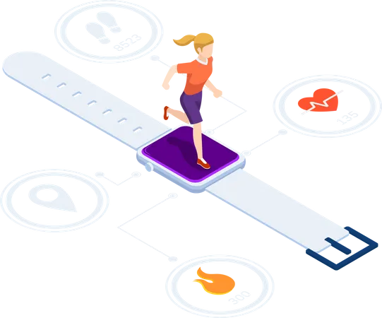 Flat 3 D Isometric Woman Running On Smartwatch With Heart Rate Monitors Counting Calories Count Steps And GPS Technolog Function Wearable Device Technology And Fitness Tracker Concept イラスト