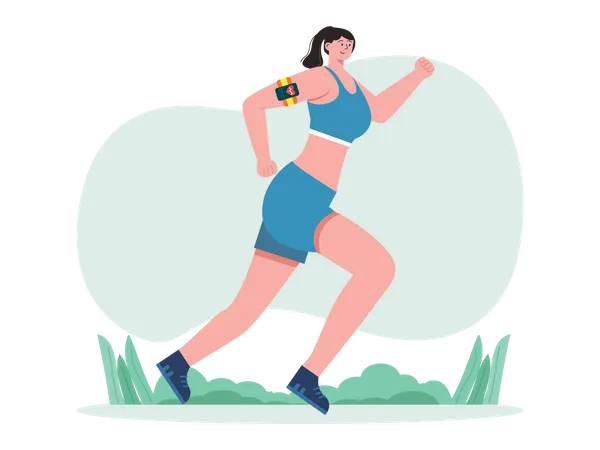 Woman running while tracking health  Illustration