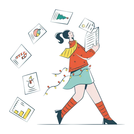 Woman Running With A Stack Of Christmas Cards Illustration