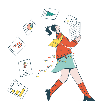 Woman Running With A Stack Of Christmas Cards  Illustration