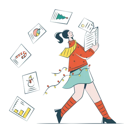 Woman Running With A Stack Of Christmas Cards  Illustration