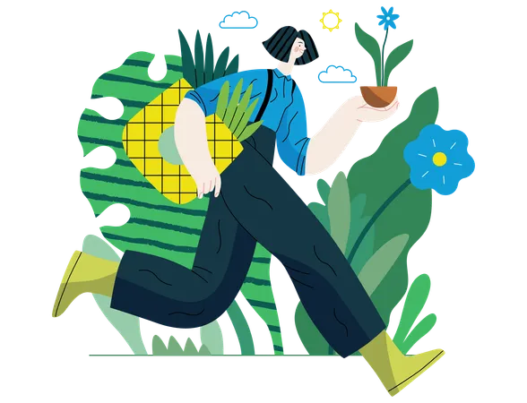 Greenery Ecology Modern Flat Vector Concept Illustration Of A Woman Running With A Eco Bag And A Flower In The Pot Metaphor Of Environmental Sustainability And Protection Closeness To Nature Illustration
