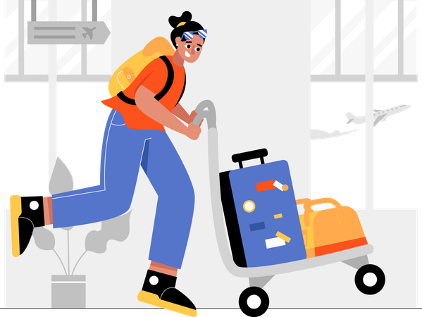 Woman running with luggage at airport  Illustration