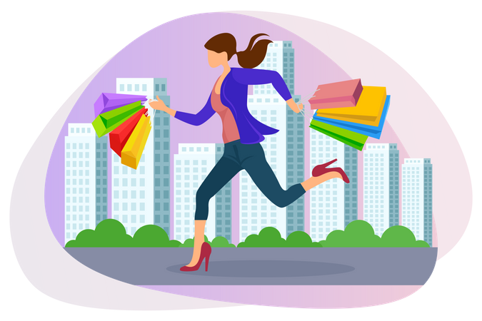 Woman running with shopping bags in her hand Illustration