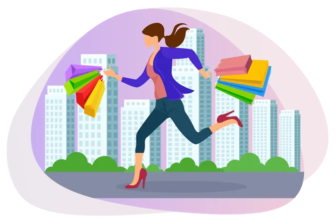 Woman running with shopping bags in her hand Illustration