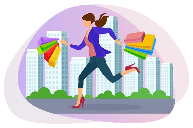 Woman running with shopping bags in her hand  Illustration