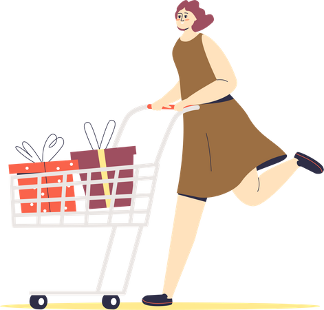 Woman running with shopping cart Illustration