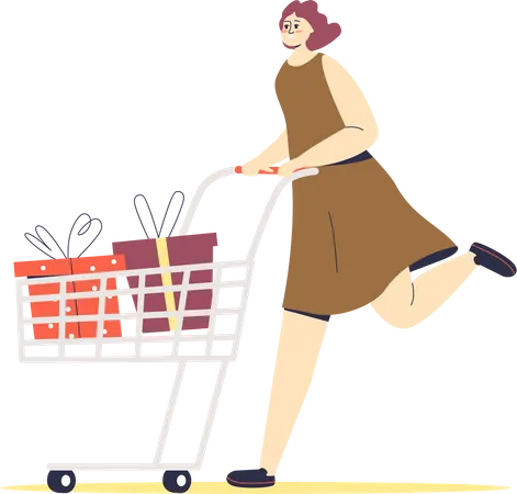 Woman running with shopping cart  Illustration