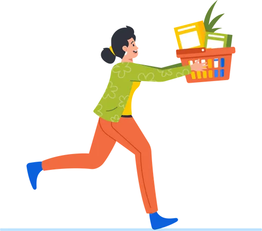 Woman Character Running With Shopping Cart Racing Through Aisles And Filling It With Essentials And Treats In A Hurry Determined To Complete Her Shopping Quickly Cartoon People Vector Illustration Illustration