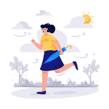 Woman running with umbrella in Cloudy Day  Illustration