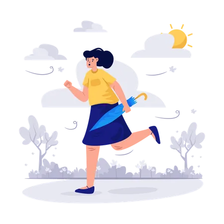 Woman running with umbrella in Cloudy Day  Illustration