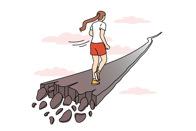 Woman runs along crumbling path  Illustration