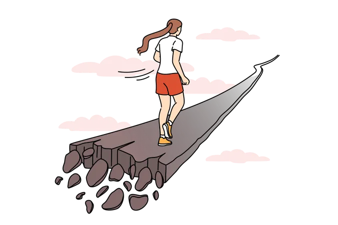 Woman runs along crumbling path  Illustration