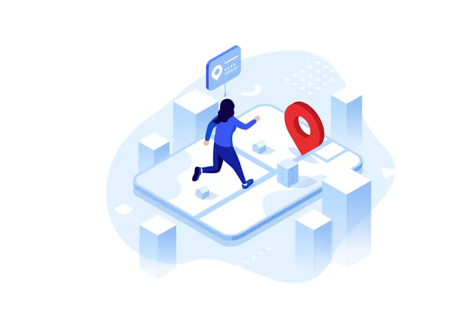 Woman Runs Along Route To Destination With GPS Navigator Location Tracking Concept Isometric Vector Illustration Sportswoman Getting Direction With Tablet Device Cartoon Character Colour Composition Illustration