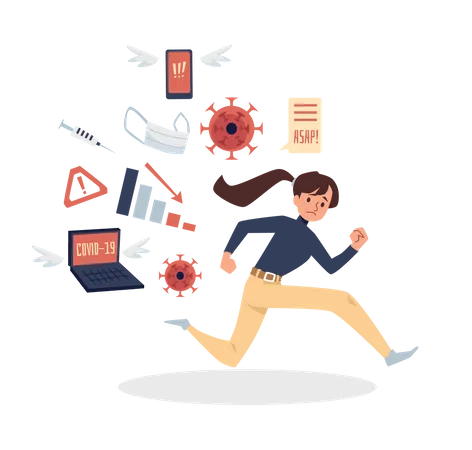 Woman runs from the information flow  Illustration