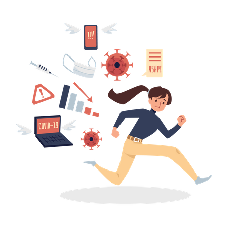 Woman runs from the information flow  Illustration