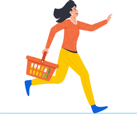 Woman Runs With Shopping Cart  Illustration