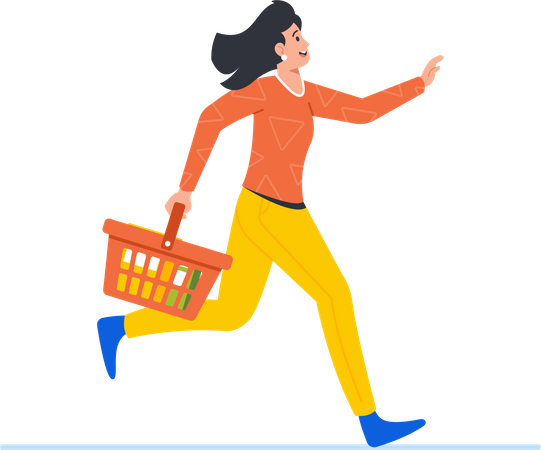 Woman Runs With Shopping Cart  イラスト