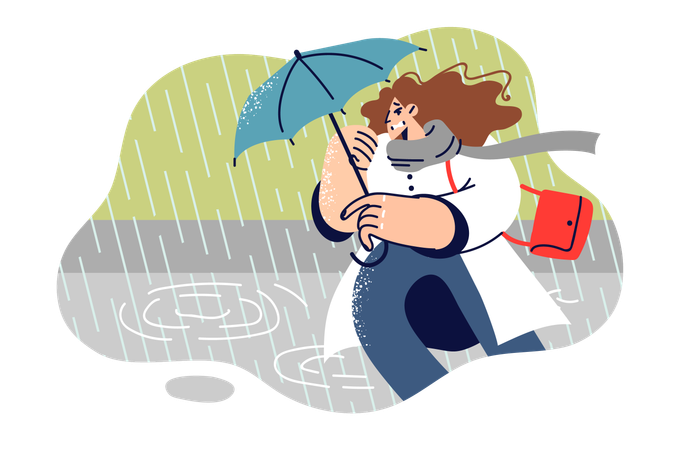 Woman runs with sunshade in hands during storm  イラスト