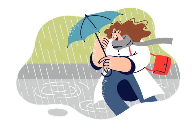 Woman runs with sunshade in hands during storm  Illustration