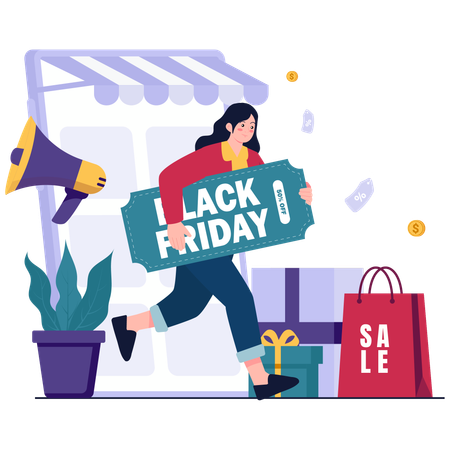 Woman rushes for Black Friday Ticket  Illustration