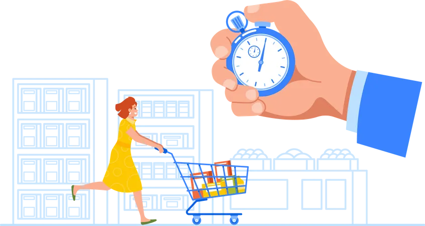 Woman Rushes With Shopping Cart In Supermarket  Illustration