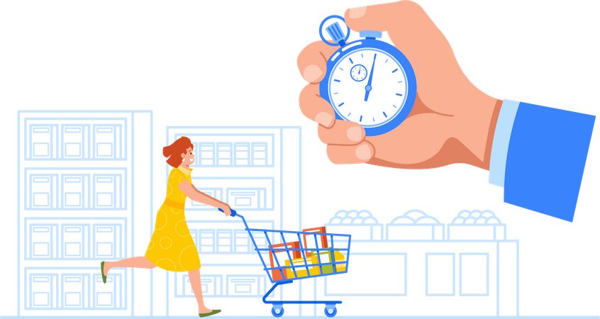 Woman Rushes With Shopping Cart In Supermarket  Illustration