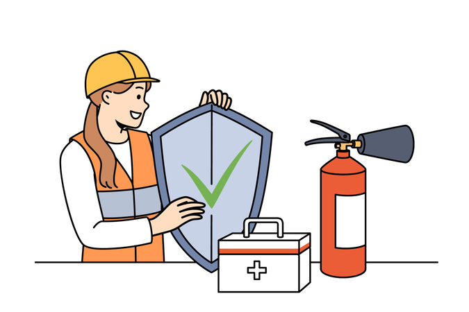 Woman safety specialist stands near table with first aid kit and fire extinguisher and holds shield  Illustration