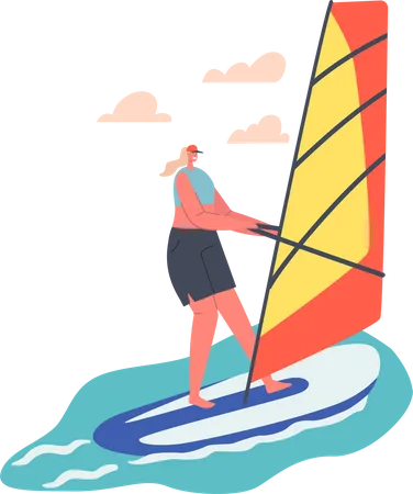Sportswoman Character Sailing Summertime Water Sport Activity Woman Riding Sea Waves By Sail Relax At Summer Time Vacation Leisure Extreme Active Recreation Cartoon People Vector Illustration Illustration