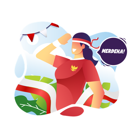 Woman saluting Indonesian flag  Illustration