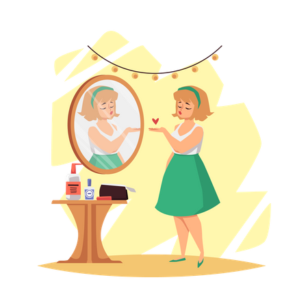 Woman satisfied with her appearance in mirror  Illustration