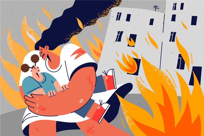 Woman save little girl from fire  Illustration