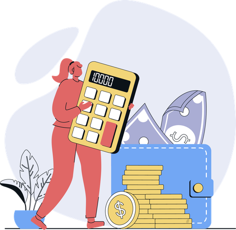 Woman saves budget money in wallet  Illustration