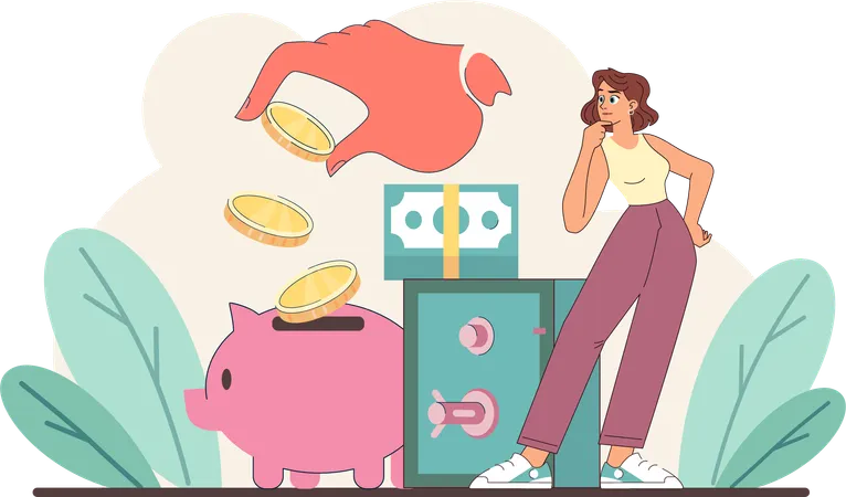 Woman saves her personal earnings in piggy bank  Illustration