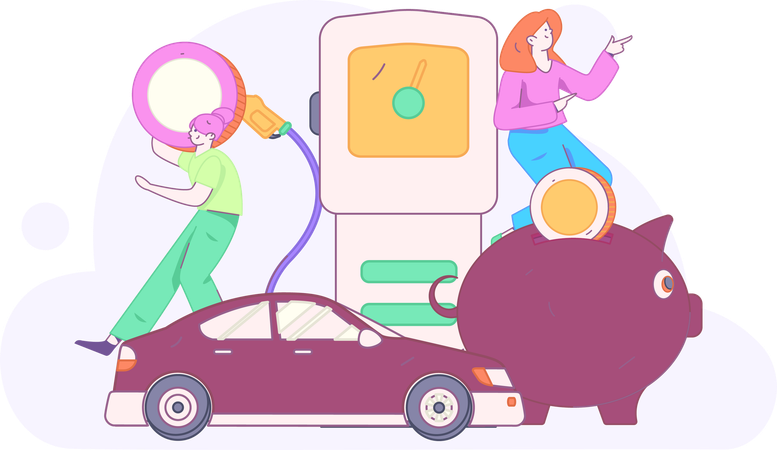 Woman saves money for car fuel  Illustration