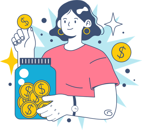 Woman saves money in money jar  Illustration