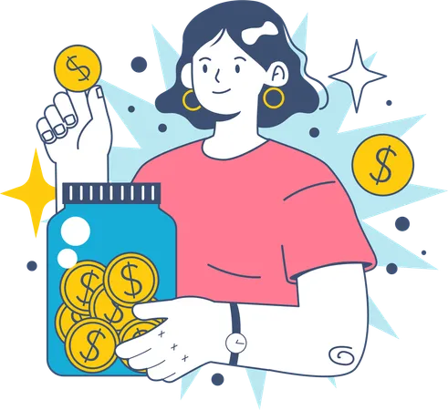 Woman saves money in money jar  Illustration