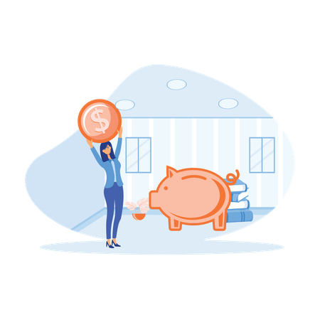 Woman saves money in piggy bank for further studies  Illustration