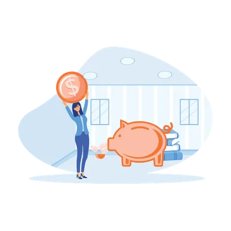 Woman saves money in piggy bank for further studies  Illustration