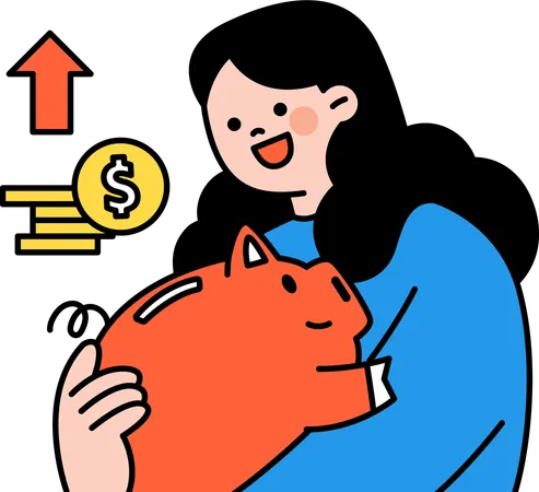 Woman saves money in piggy bank  Illustration